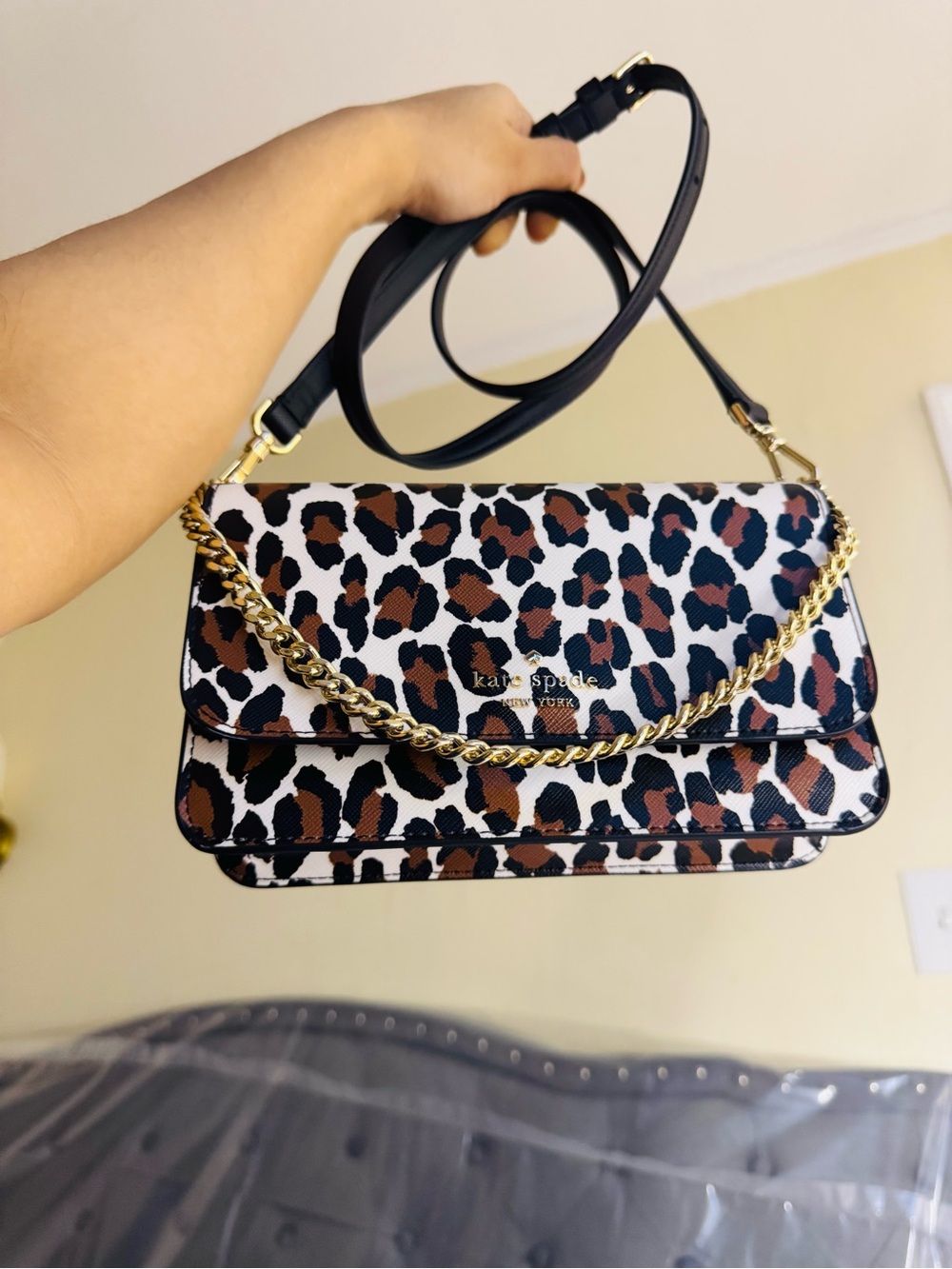 Kate Spade Leopard Print Leather Crossbody Bag with Gold Chain